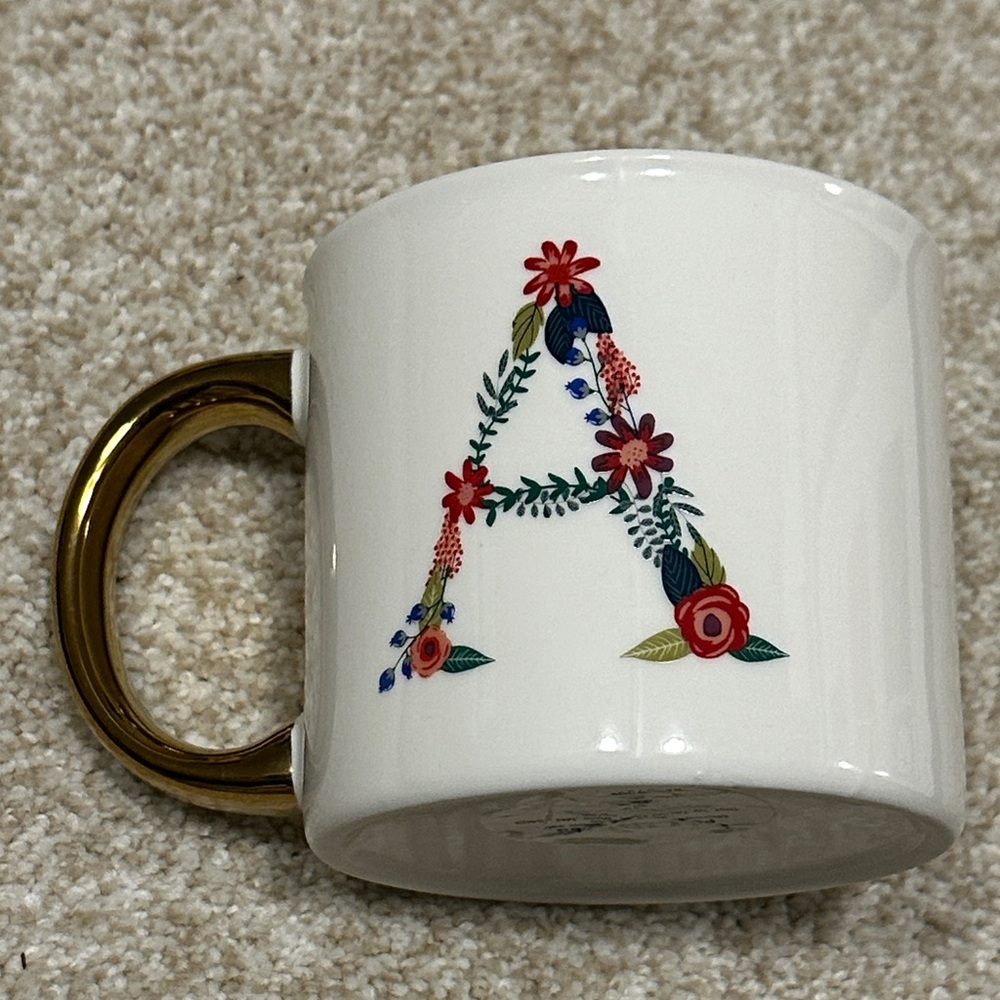 Letter “A” White Ceramic Floral 16 Ounce Mug NWOT